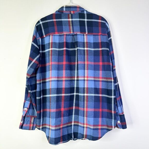 Old Navy Top Women M Navy Blue Pink Boyfriend Shirt Plaid Flannel Boho Cottage - Picture 2 of 8
